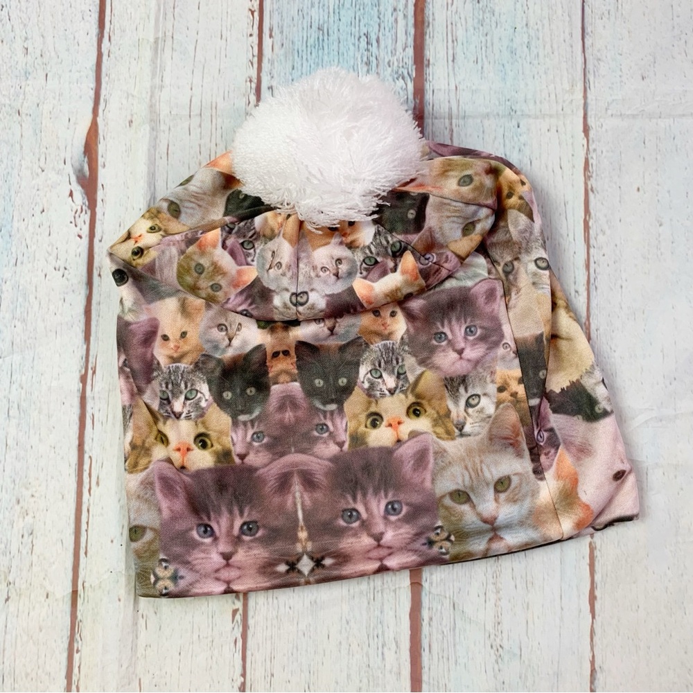 Cat Print Pom-Pom Beanie